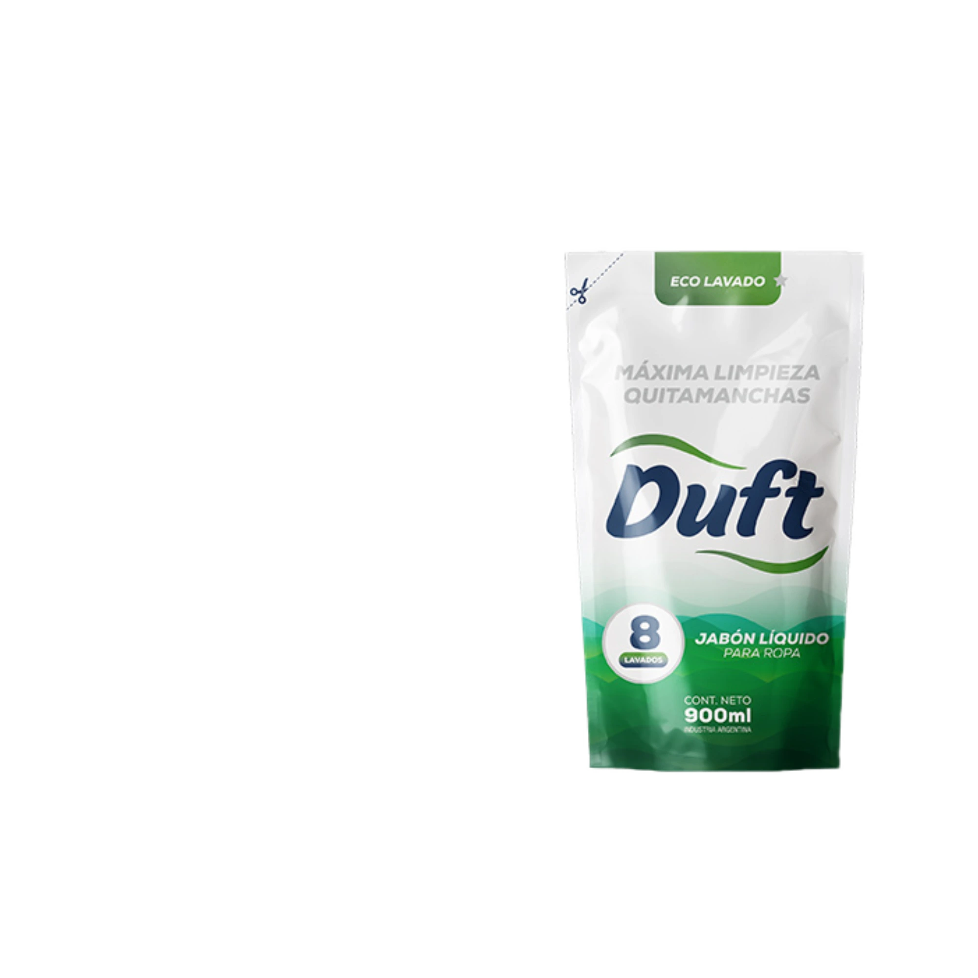 Jabón para la ropa Duft 900ml en doypack. Limpieza eficaz y perfume duradero. Comprá artículos de limpieza al por mayor en Vertiente Mayorista Mendoza.
